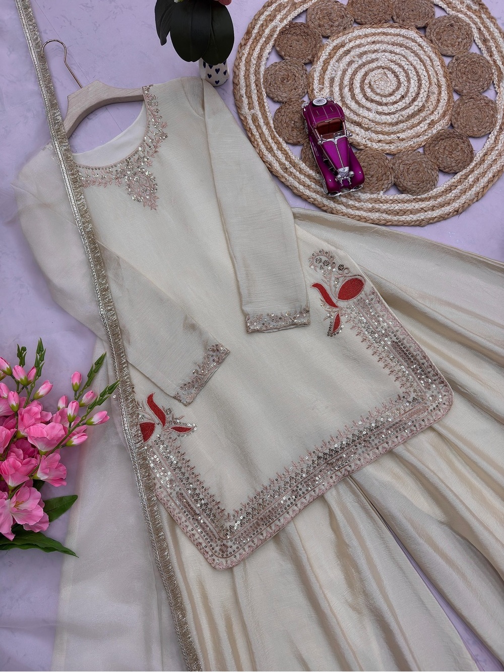 Salwar Kameez Cream Long Sleeve Embroidered Set by Salwar Kameez